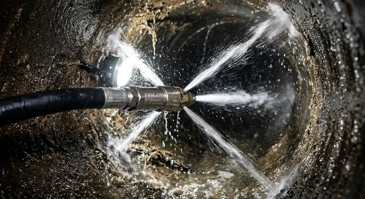 High-pressure hydro jetting nozzle cleaning sewer pipe for Emergency Drain Service in Clinton