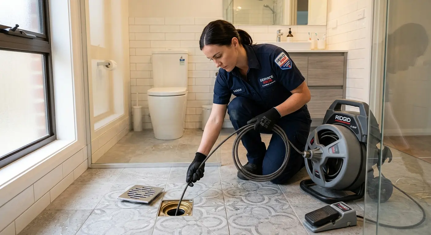 Technician clearing a bathroom floor drain for Drain Repair in Clinton